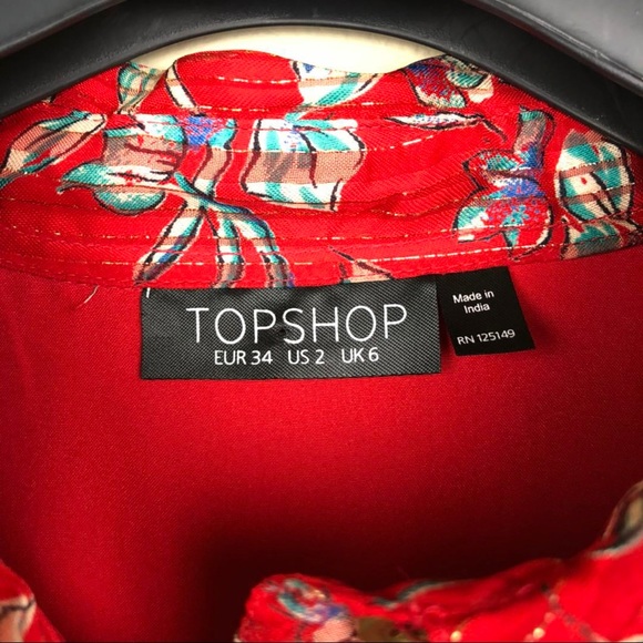 Topshop Long Sleeve Pleated Printed Red Dress - Picture 6 of 7